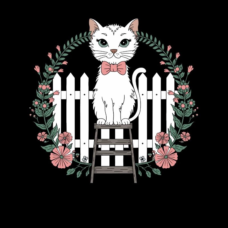 Chat cottagecore avec fleurs et clôture