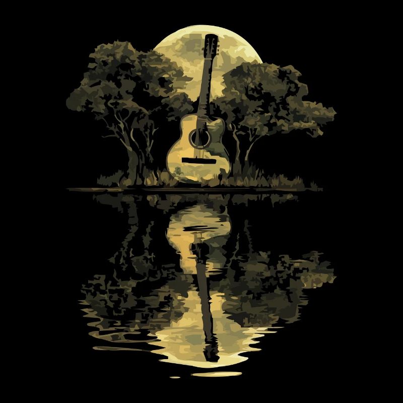 Guitar sounds under a full moon and tree reflection