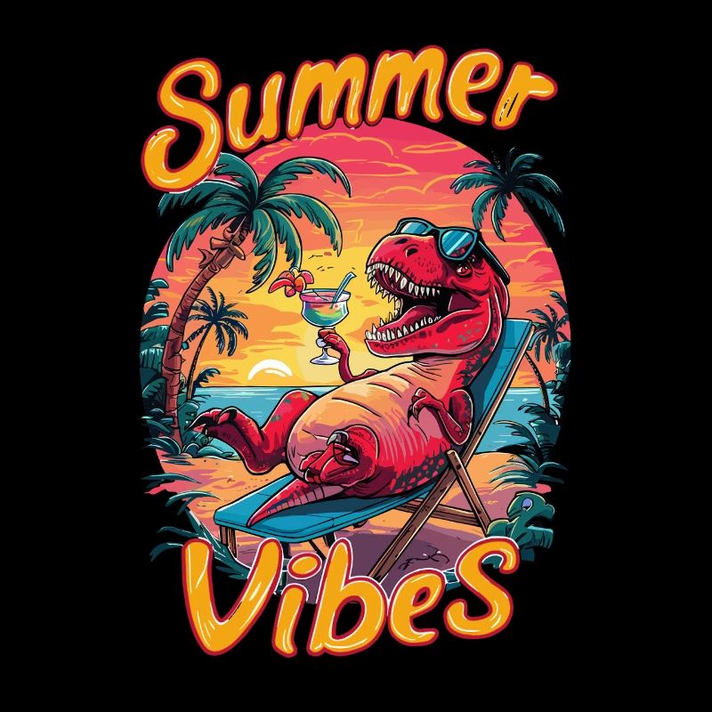 Dino summer vibes on the beach with palm trees and