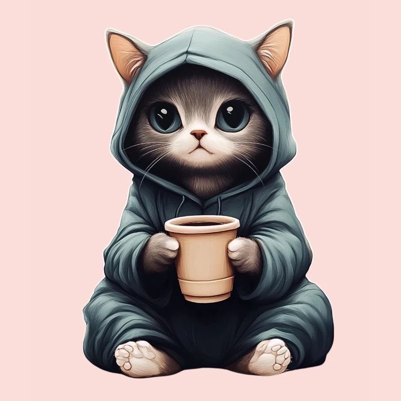 Mignon : Chat dans un sweat à capuche avec du café