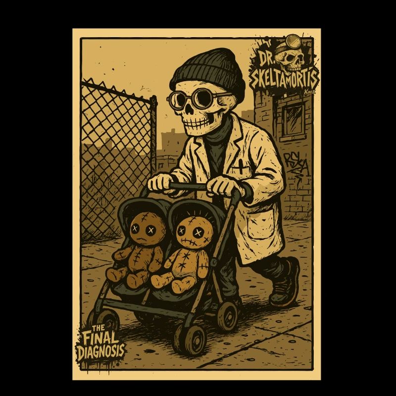 Dr Skeltamortis avec des poupées vaudou dans une poussette