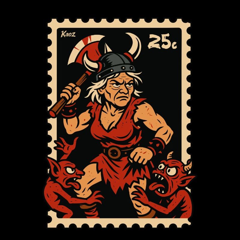 Viking granny with axe fights red demons