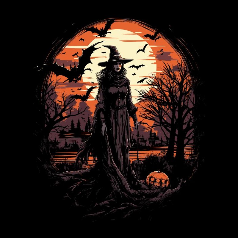 Scary witch with pumpkin and bats moon