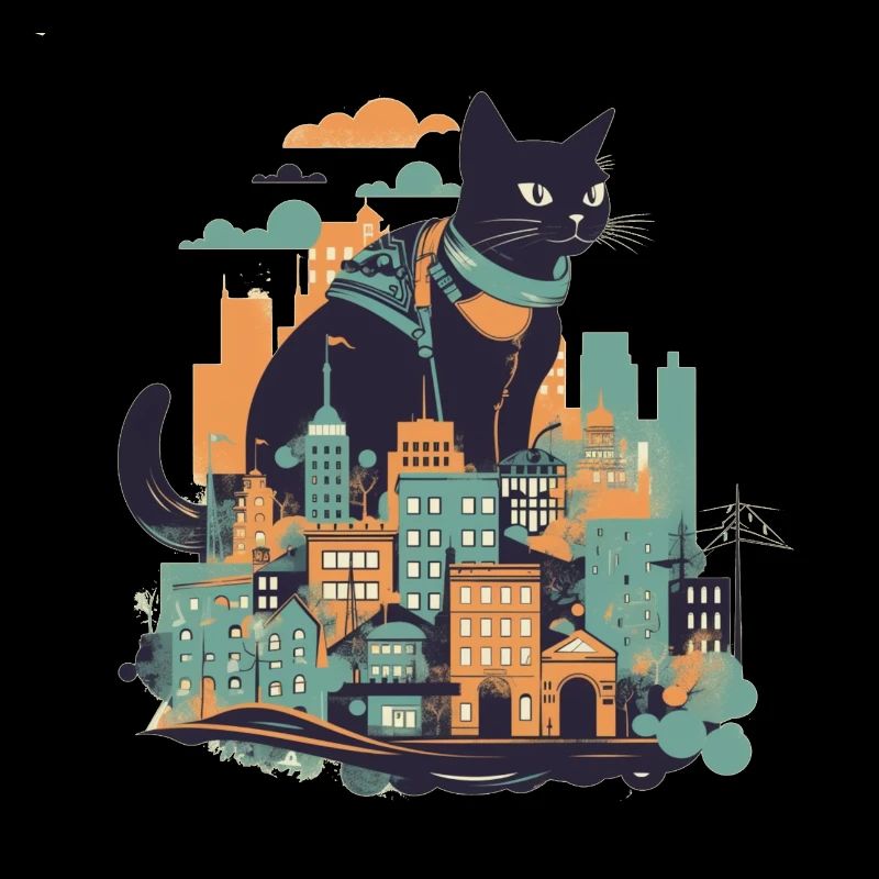 Chat noir assis devant une ville colorée