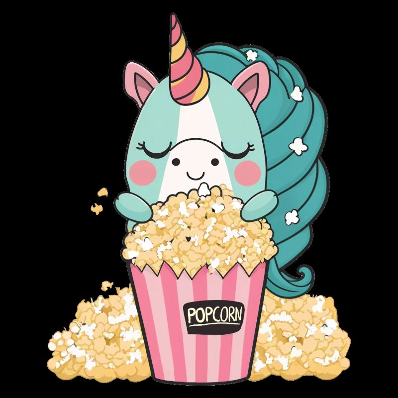 Buntes, süßes Einhorn isst leckeres Butter-Popcorn