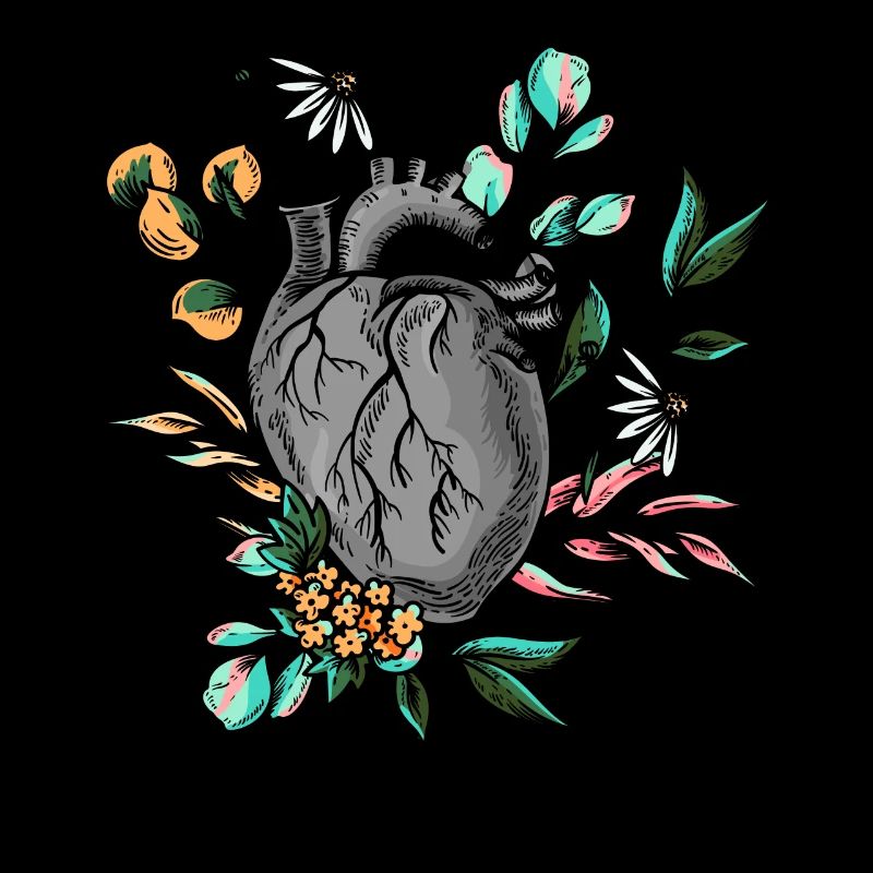 Anatomisches Herz und Blumen