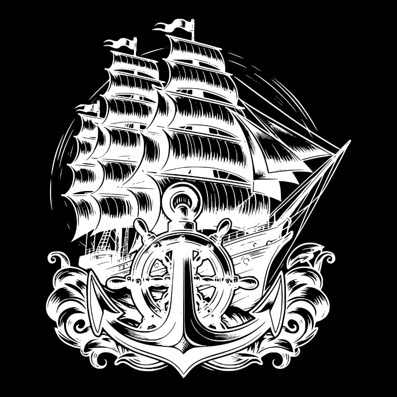 Sailing Ship with Set Sails Anchor Steering Wheel