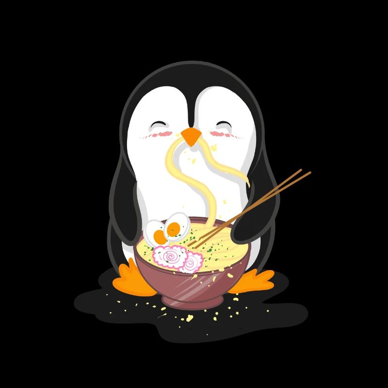 Penguin eats ramen noodle soup