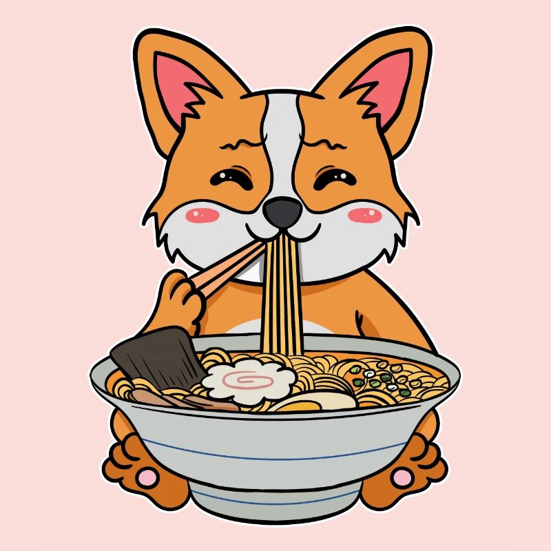 Corgi dog eats ramen noodle soup