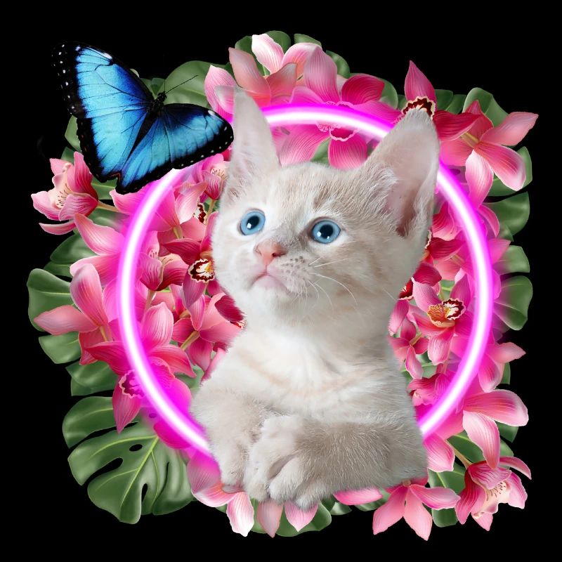 Chaton mignon avec papillon bleu sur néon tropical