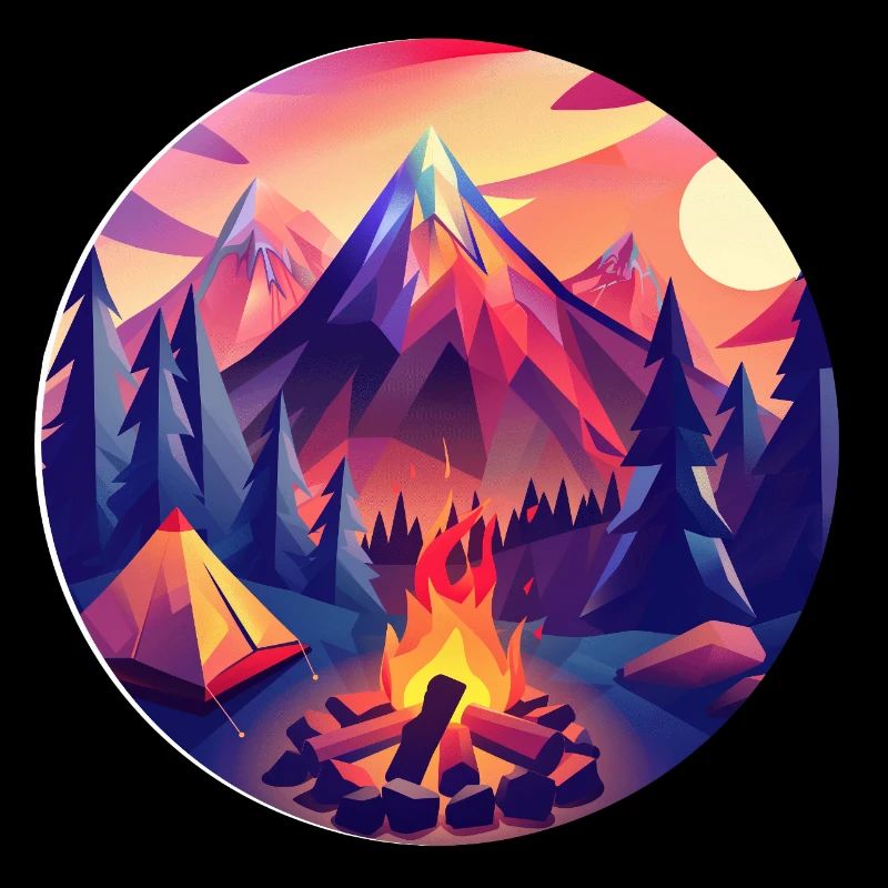 Retro Camping Design – Tente Low Poly et feu de camp
