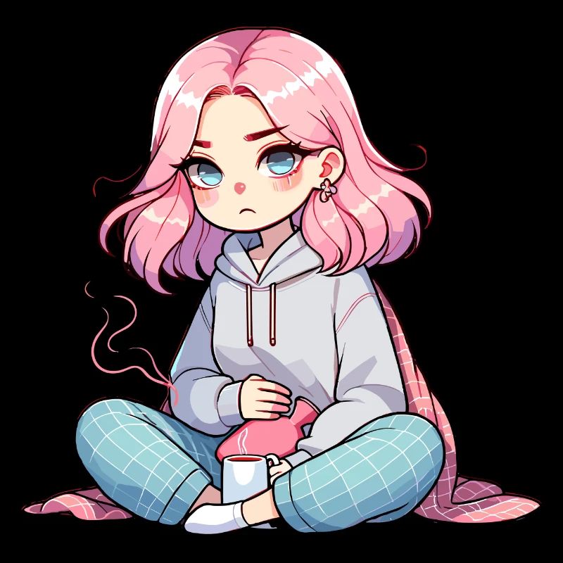 Fille animée confortable avec des cheveux roses et du thé