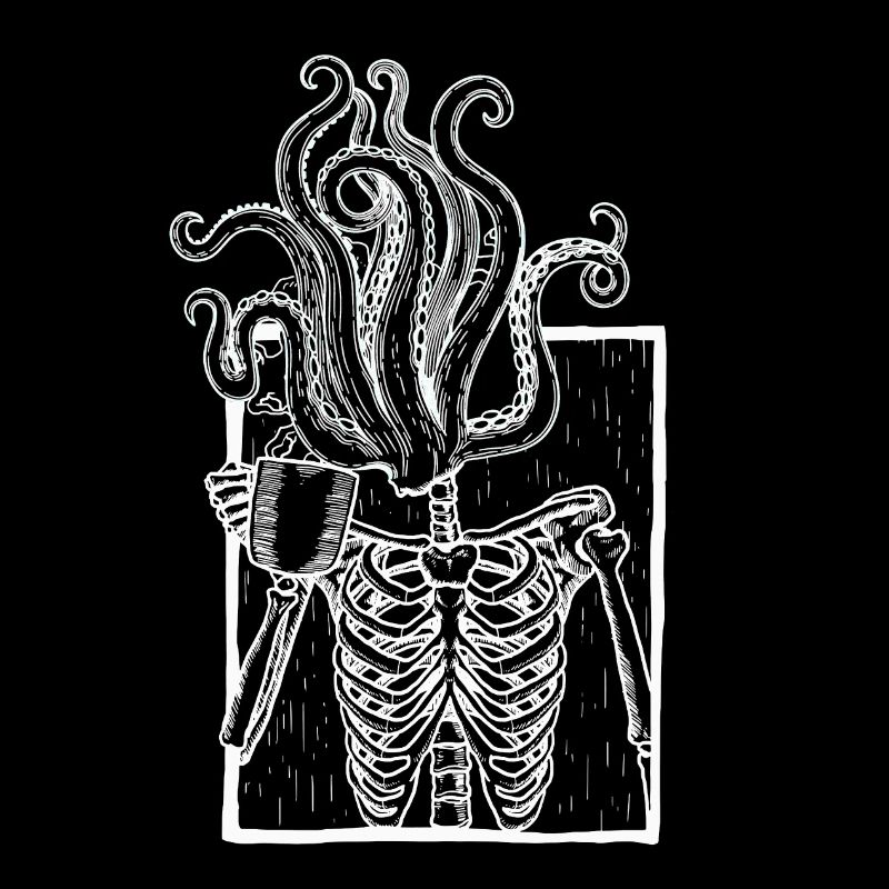 Squelette buvant du café avec tête tentacule