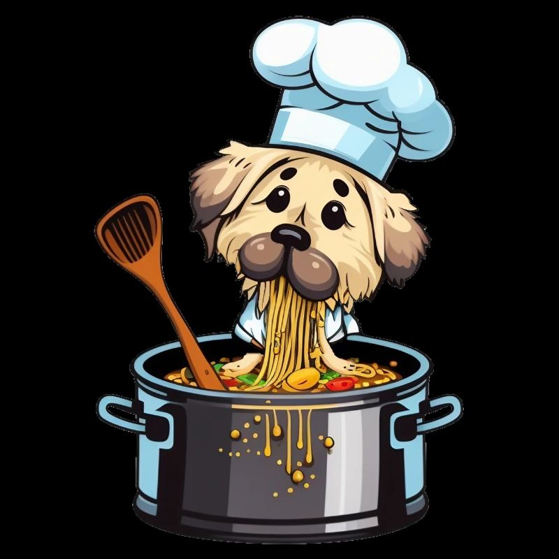 Cute dog eats spaghetti cooks pasta