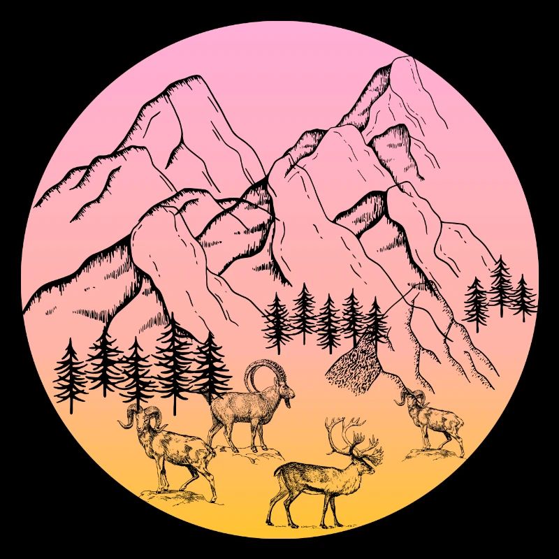 Mountains with trees and animals
