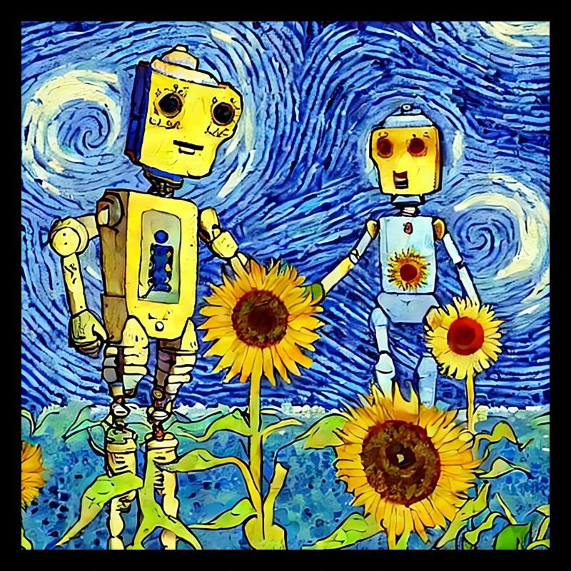 Händchenhaltende Roboter in einem Sonnenblumenfeld