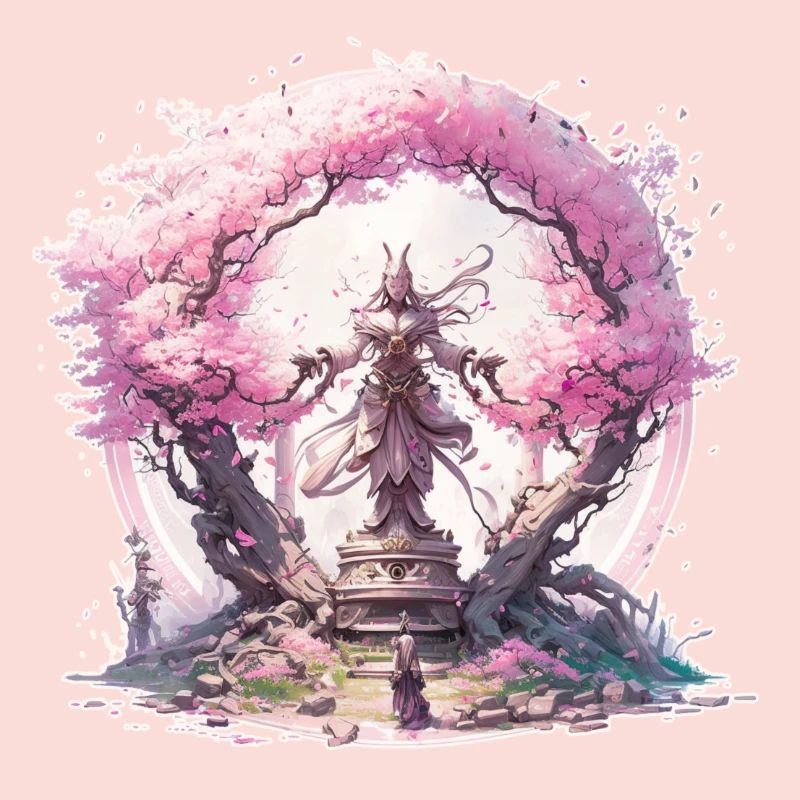 Statue under a cherry blossom tree