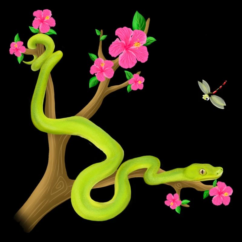 The Green Python snake on the tree with flowers