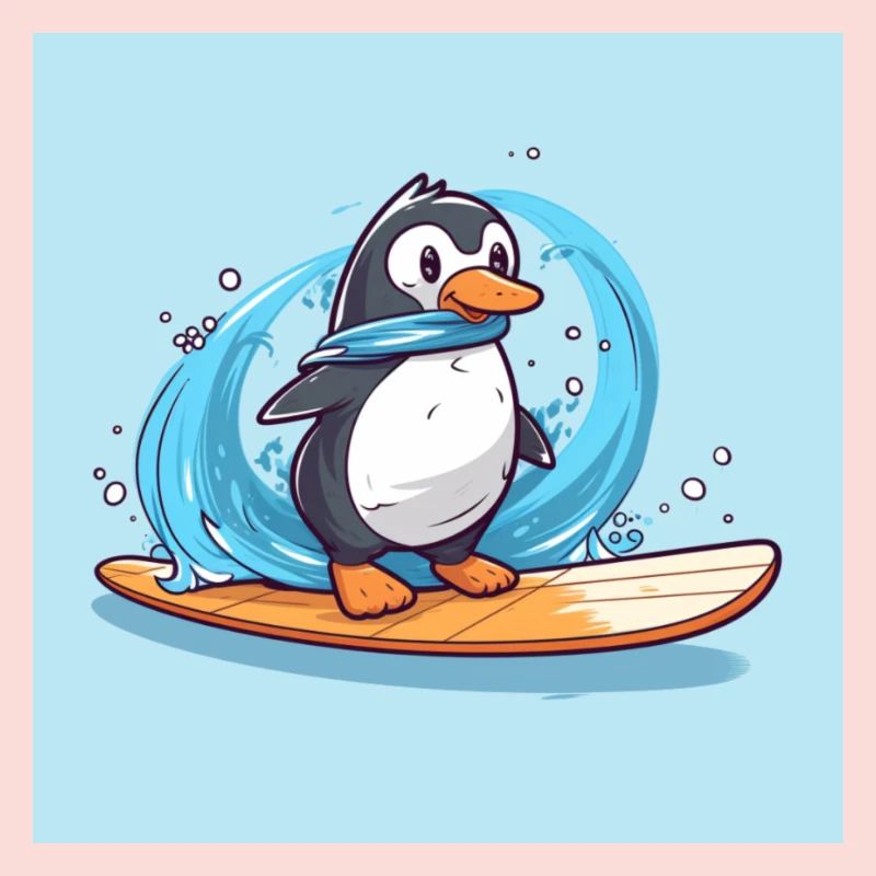 Pingouin de surf mignon sur une planche de surf