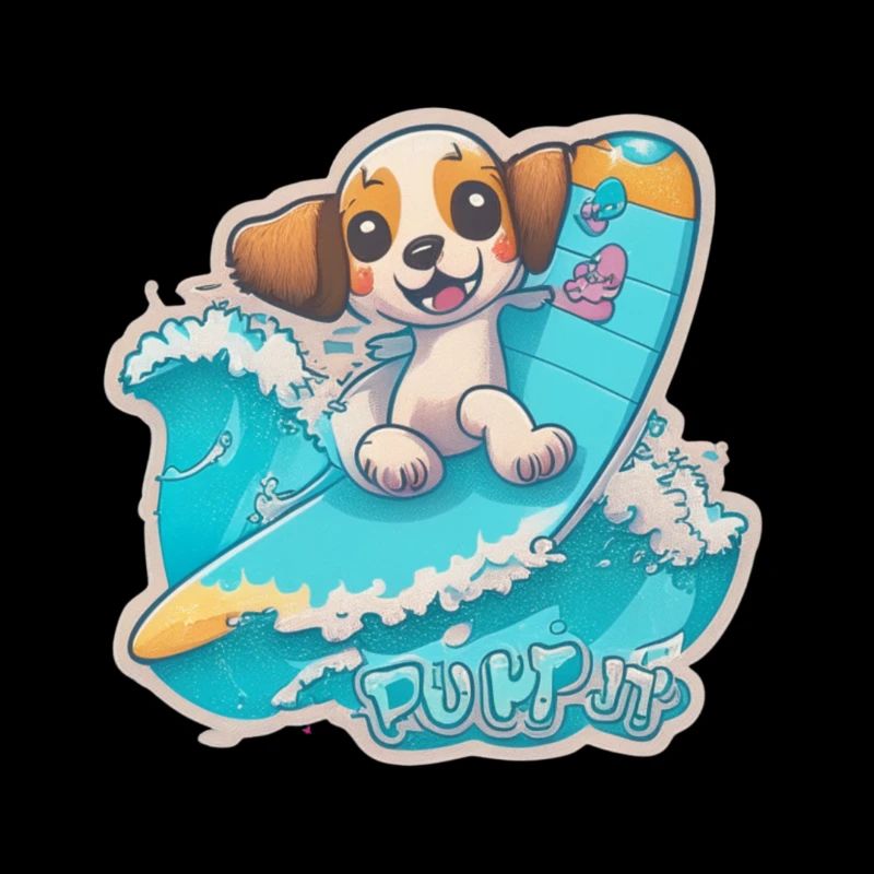 Chiot sur une planche de surf avec des vagues, « Surf pup »