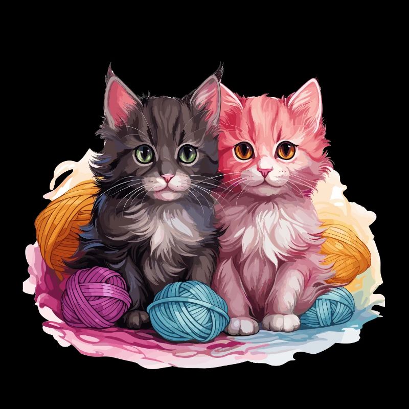 Deux chatons avec pelote de laine dans un style graphique vectoriel