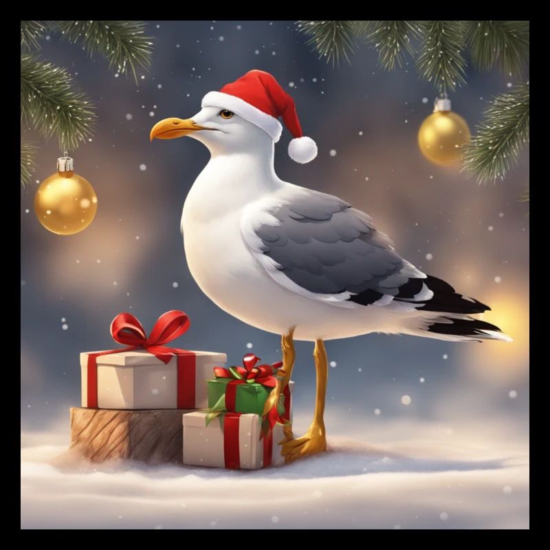 Proud seagull with red wool hat at Christmas