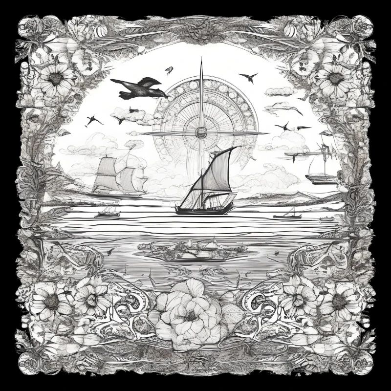 Dessin noir et blanc de bateaux et de la mer