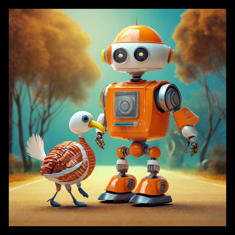 cute little robot is walking with its alien turkey