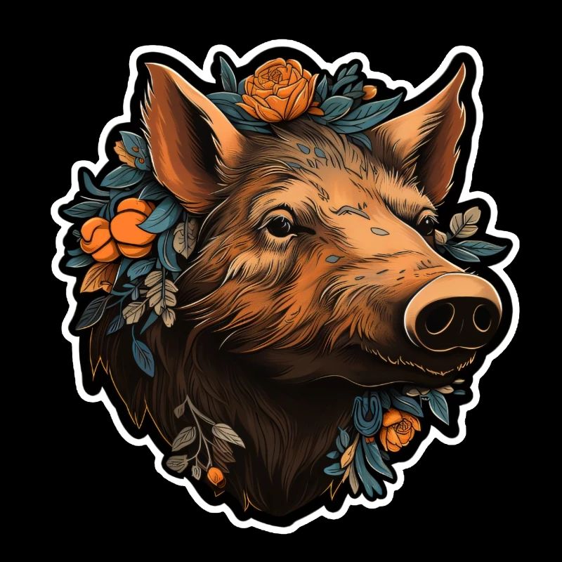 Wild boar's head with flowers