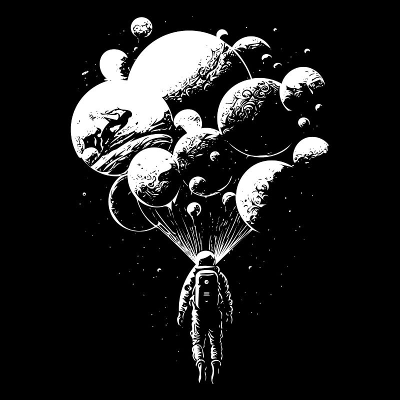 Astronaut in Unendlichkeit mit Planenten Ballons