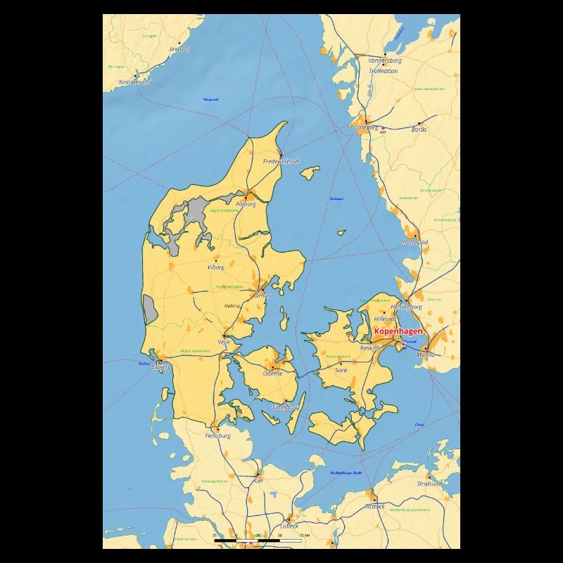 Denmark map with cities, roads, rivers, lakes