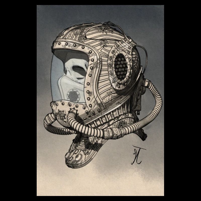 Casque spatial ancien monochrome
