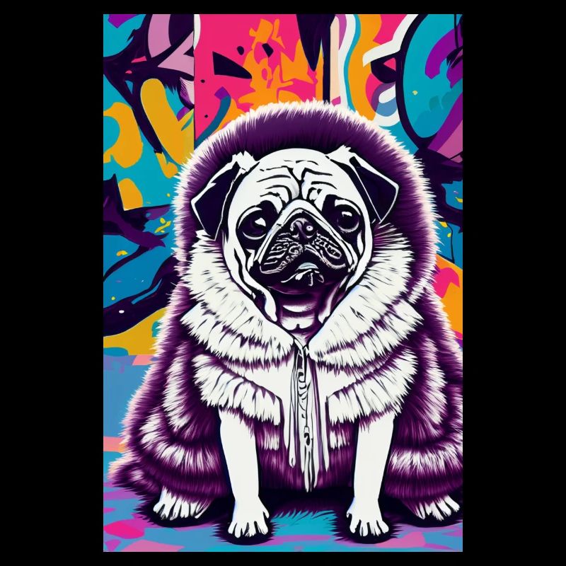 Mops im Pelzmantel vor Graffiti-Wall | Pop-Art