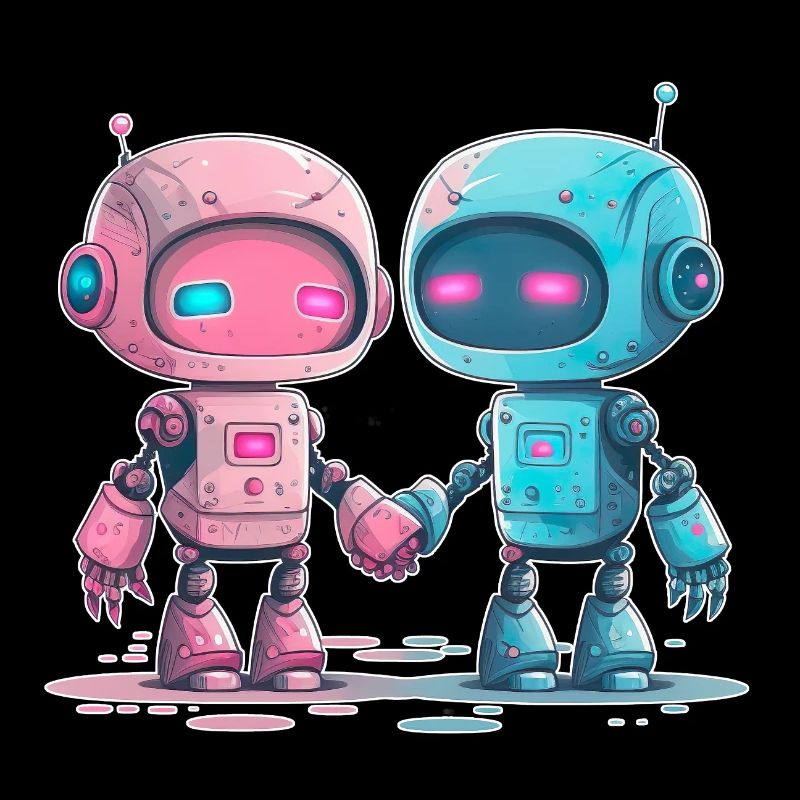 Cute robots hold hands Valentine's Day Love