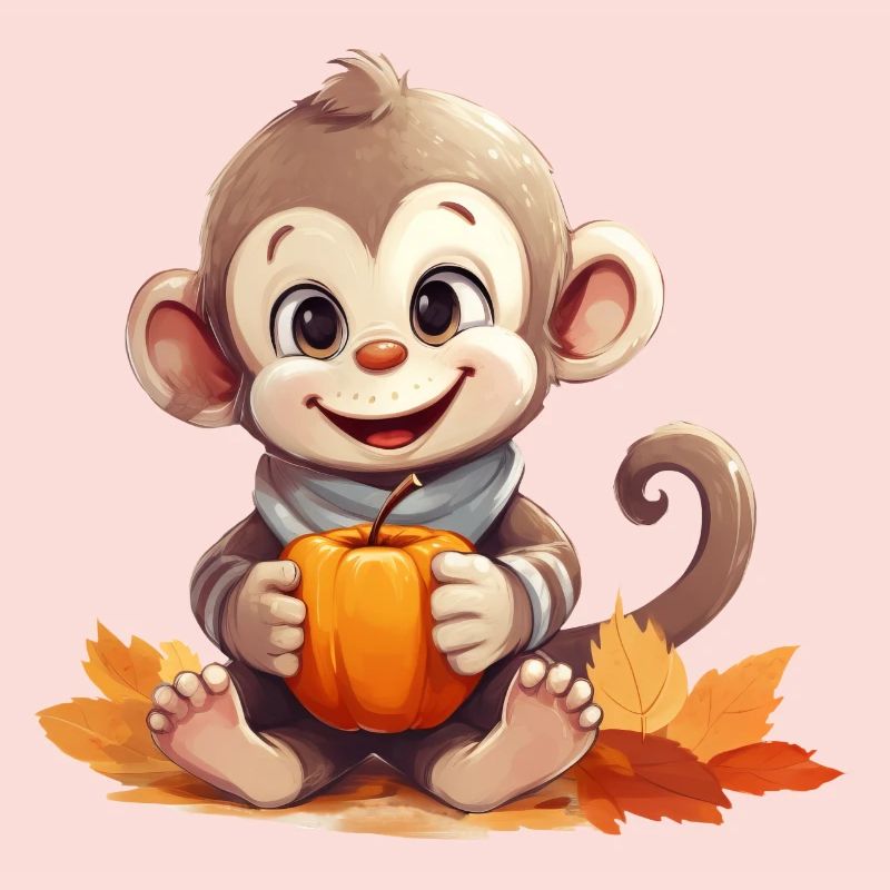Autumnal monkey with pumpkin and apple