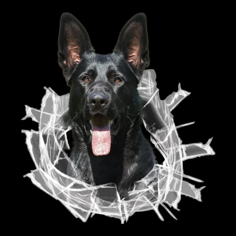 Schwarzer Schäferhund im Glas Loch
