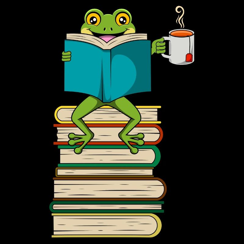 Funny Frog Book Reading and Drinking Tea