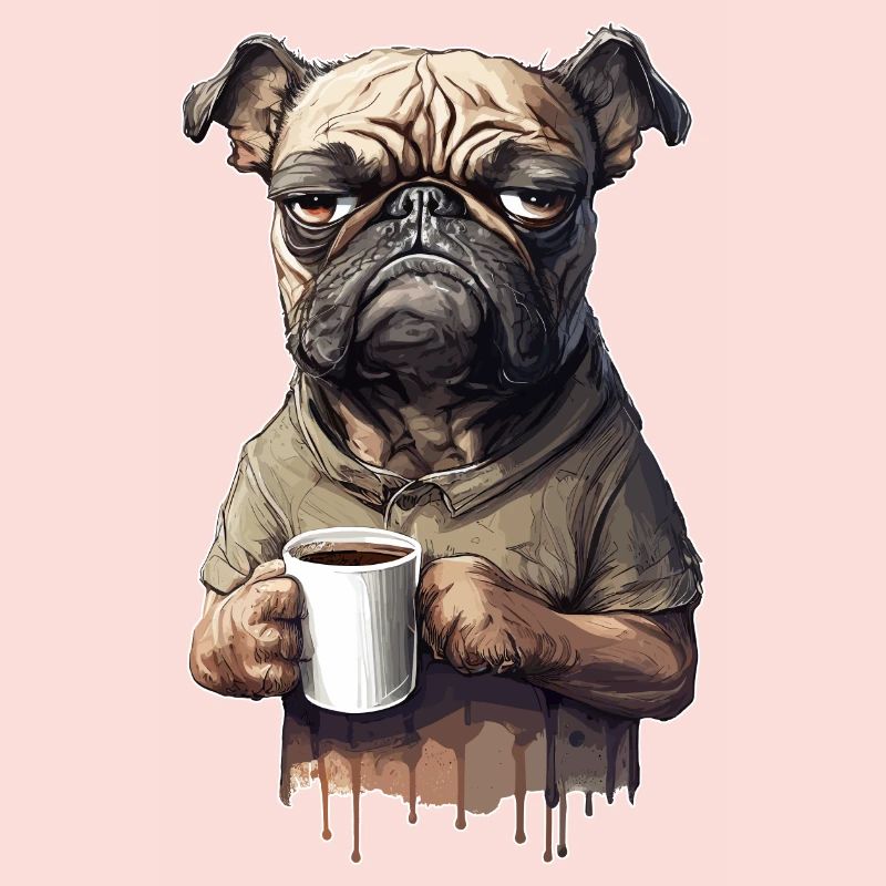 Grumpy dog pug moody coffee sarcasm