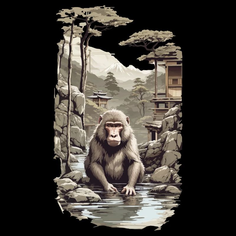 Japanese macaque ukiyo-e monkey in hot spring design