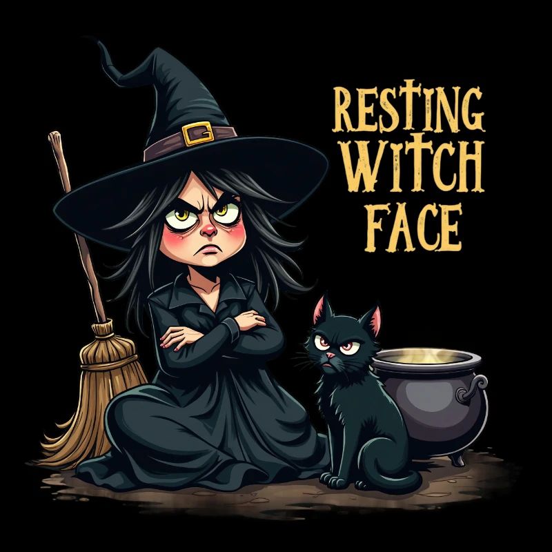 Resting Witch Face Cute Witch with Cat and Broom