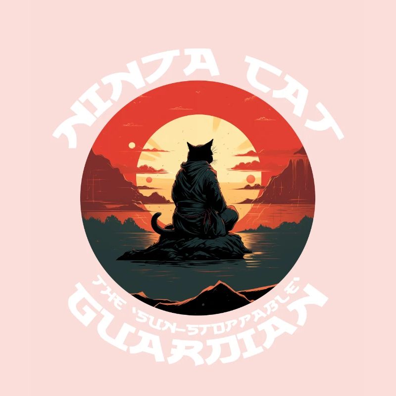 Chat noir ninja devant le soleil rouge