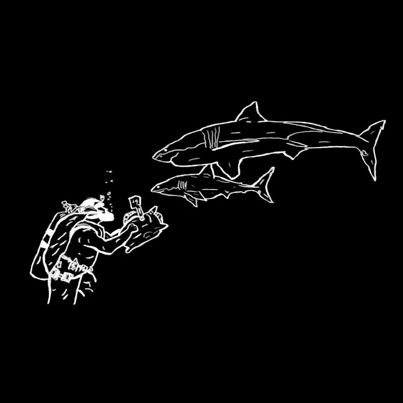 Shark with camera diver in white