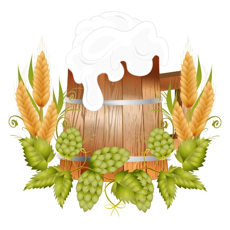 Chope à bière rustique aspect bois avec houblon et malt