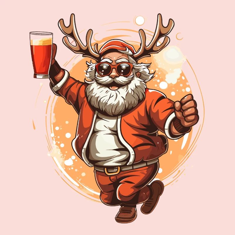 Santa mit bier am tanzen mit einem Elchgeweih