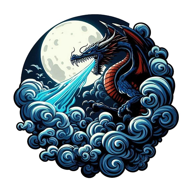 Mystical Dragon Breathing Water Under Moonlight