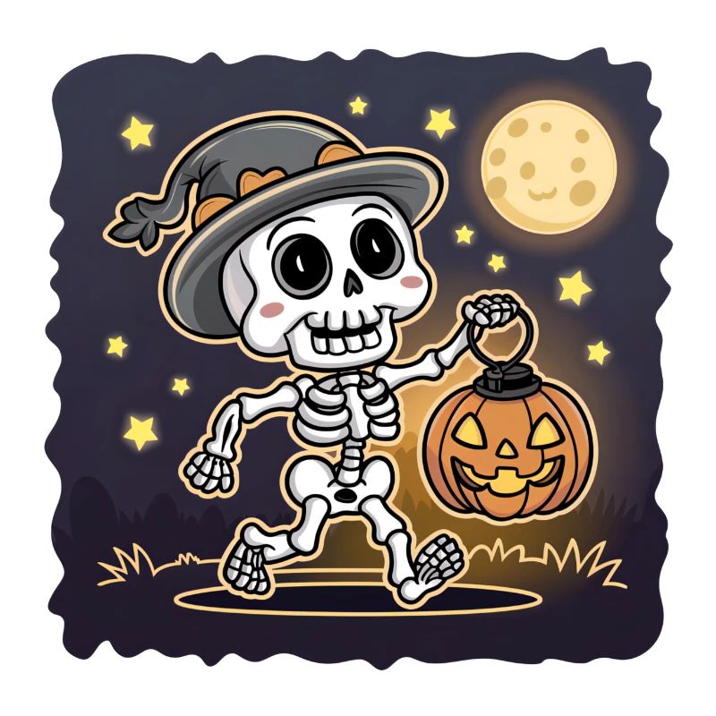 Cute Skeleton with Pumpkin Lantern Halloween