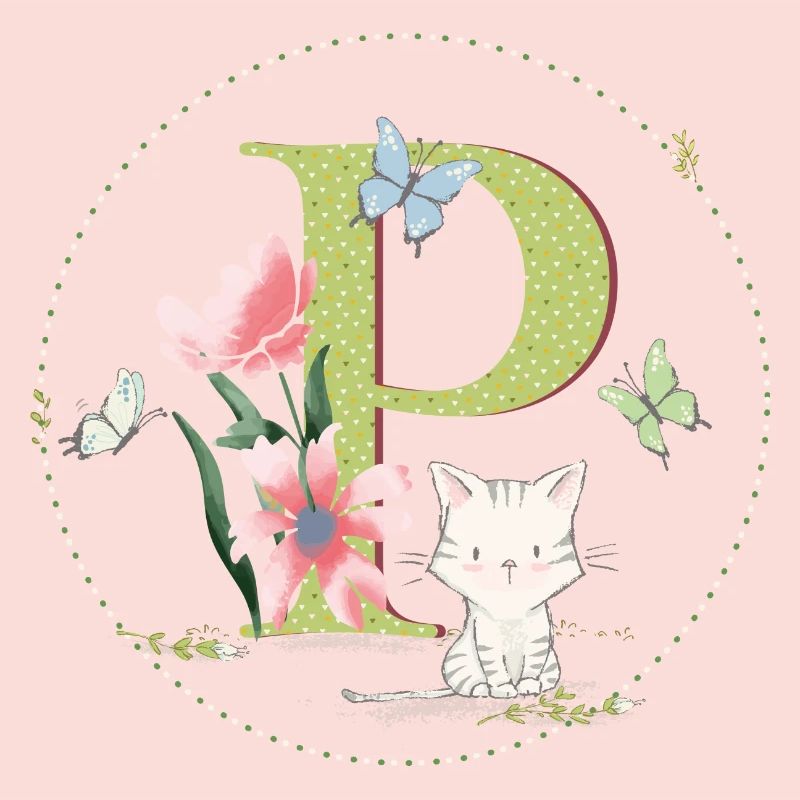 Initial letter P with cat