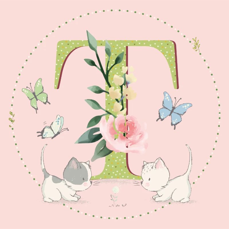 Initial letter T with cat