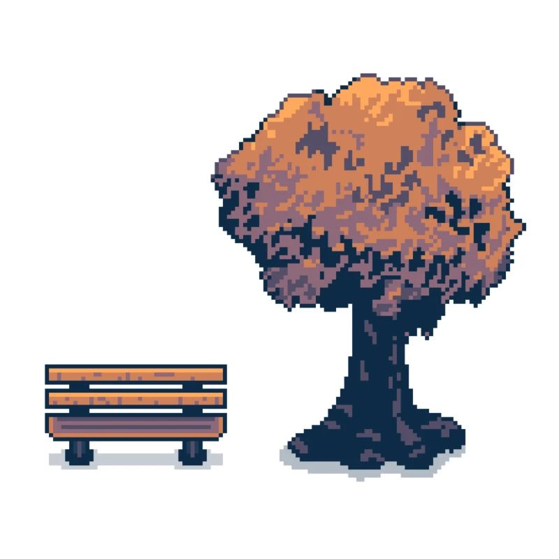 Arbre et banc en pixel vintage