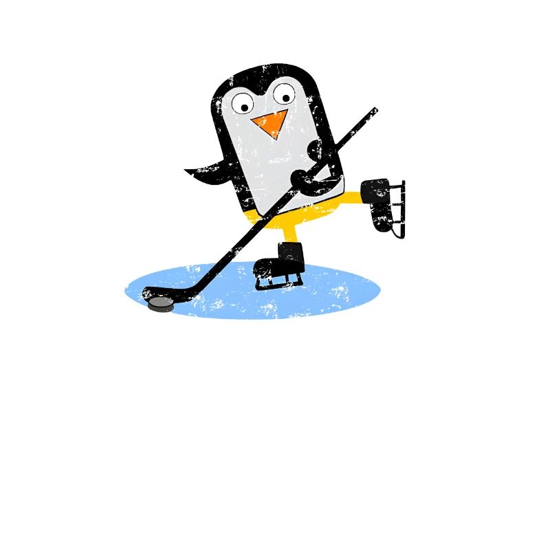 Pinguin spielt Eishockey mit Puck